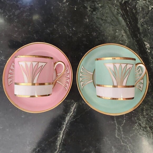 1941 Copeland Spode Custom Made Porcelain Demi-Tasse Pink Green Tea Set - Picture 4 of 16